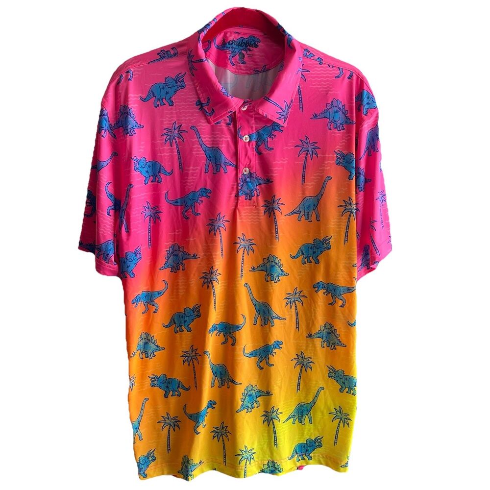 Chubbies Golf Polo Dinosaur Palm Tree Shirt Size XL Ombre Hot Pink & Coral